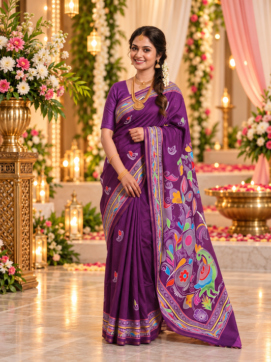 Awsome Purple Handloom Soft Tussar Silk Saree with Attractive Pallu