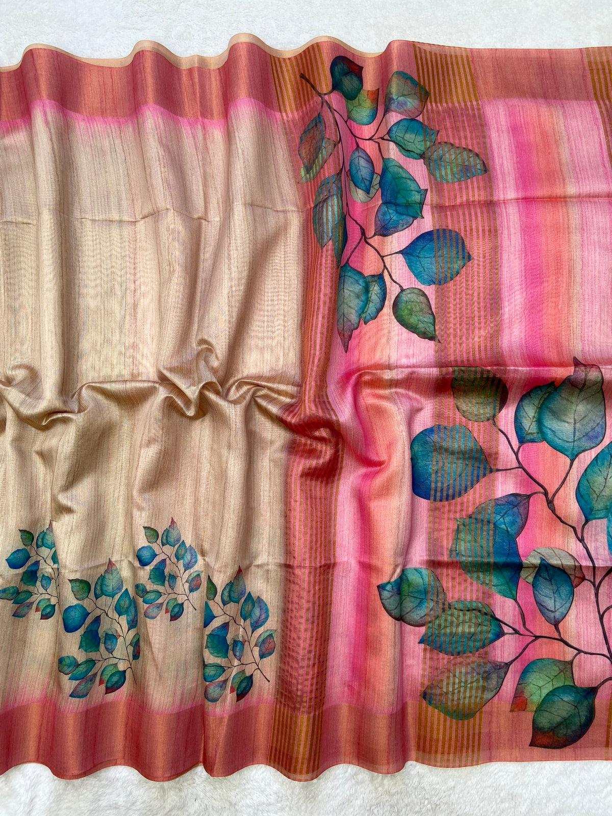 Beautiful Coral Pink Soft Tussar Silk Saree with Teal Botanical Print