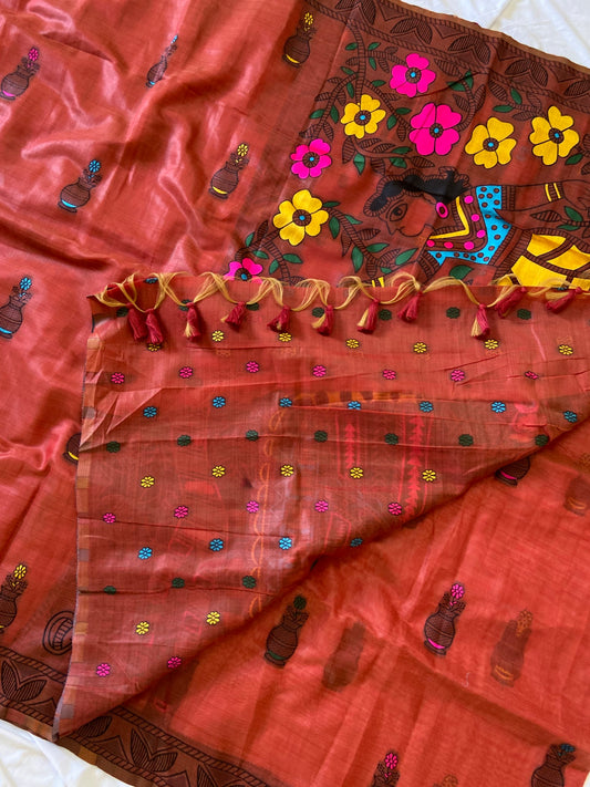 Traditional Madhubani Brick Red Soft Muga Cotton Resham Weaving Saree