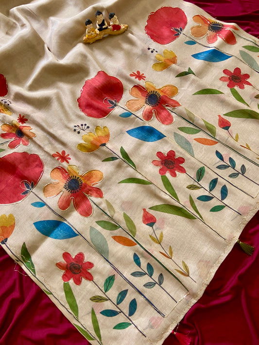 Attractive Cream Beige Red Floral Handcrafted Aari Work Tissue Silk Saree