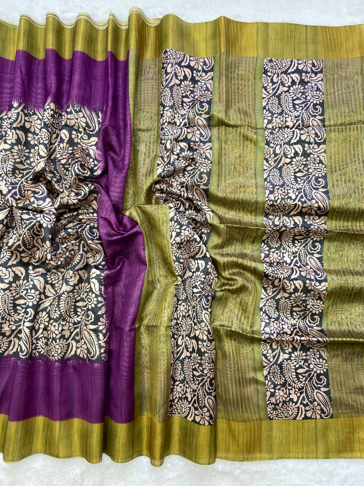 Kashvi Plum Purple Soft Tussar Silk Saree with Kalamkari Block Prints