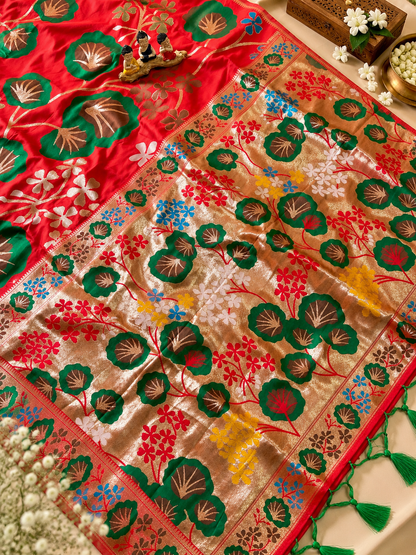 Premium Red Soft Silk Saree with Zari Weaving and Tassels