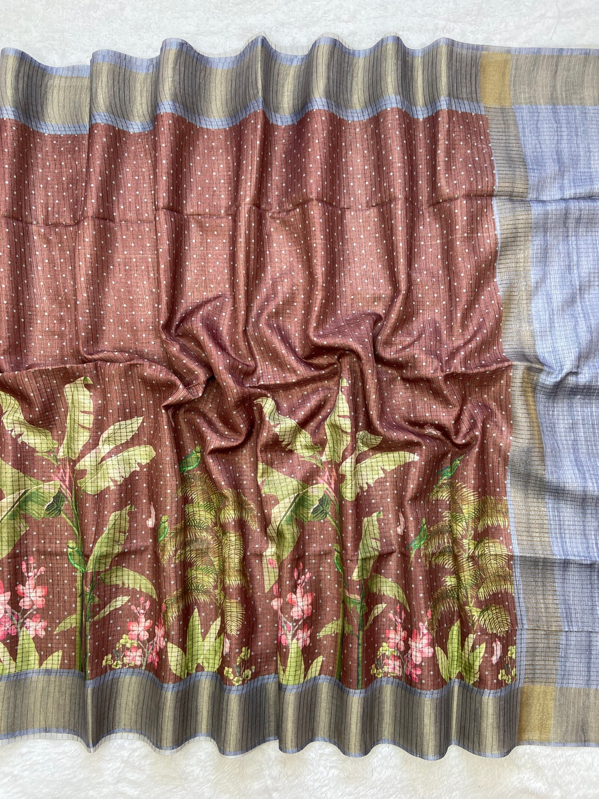 Ishvika Cocoa Brown Botanical Print Tussar Silk Saree