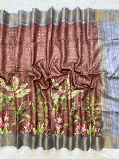 Ishvika Cocoa Brown Botanical Print Tussar Silk Saree
