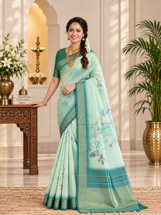 Festive Sea Green Soft Tissue Silk Saree with Floral Digital Prints