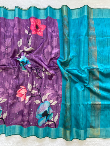 Indrani Purple-Turquoise Floral Print Soft Tussar Silk Saree