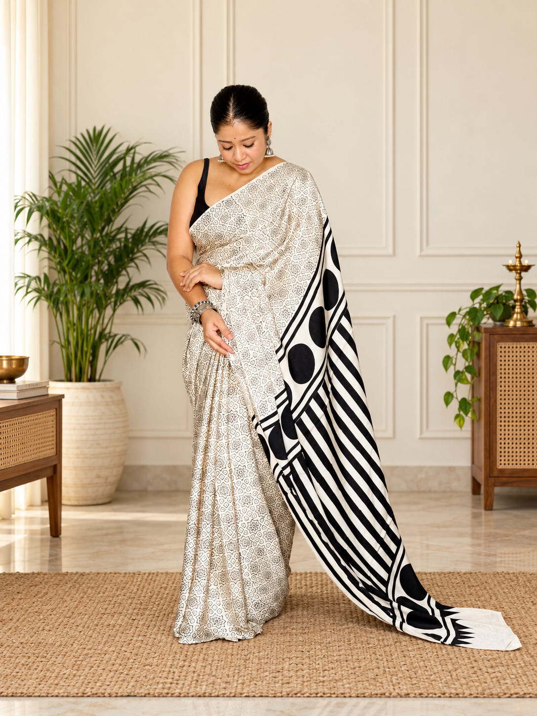 Gratifying Off White Blockprint Print Modal Silk Saree