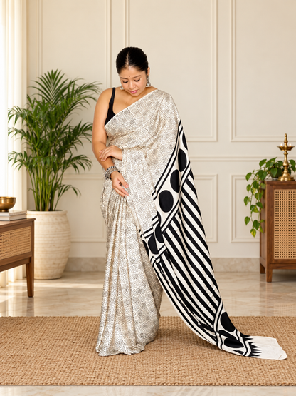 Gratifying Off White Blockprint Print Modal Silk Saree