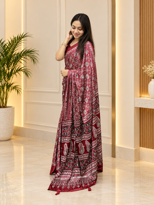 Elegant Maroon Ajrakh Printed Japan Silk Saree with Designer Pallu