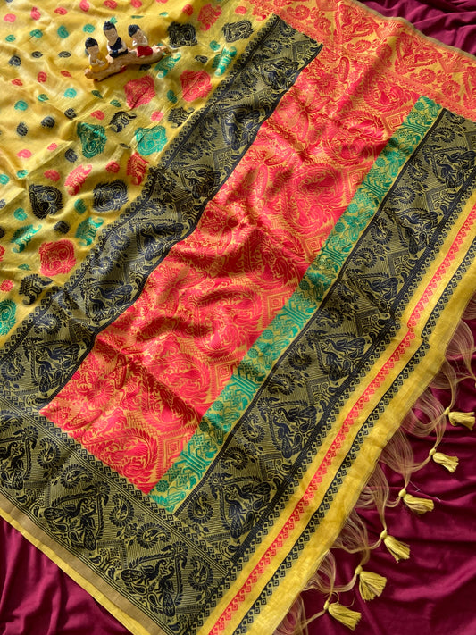 Festive Yellow Premium Soft Muga Cotton Woven Saree