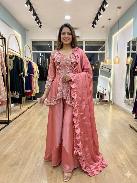 New Designer Pink Rangoli Silk Embroidered Suit Set