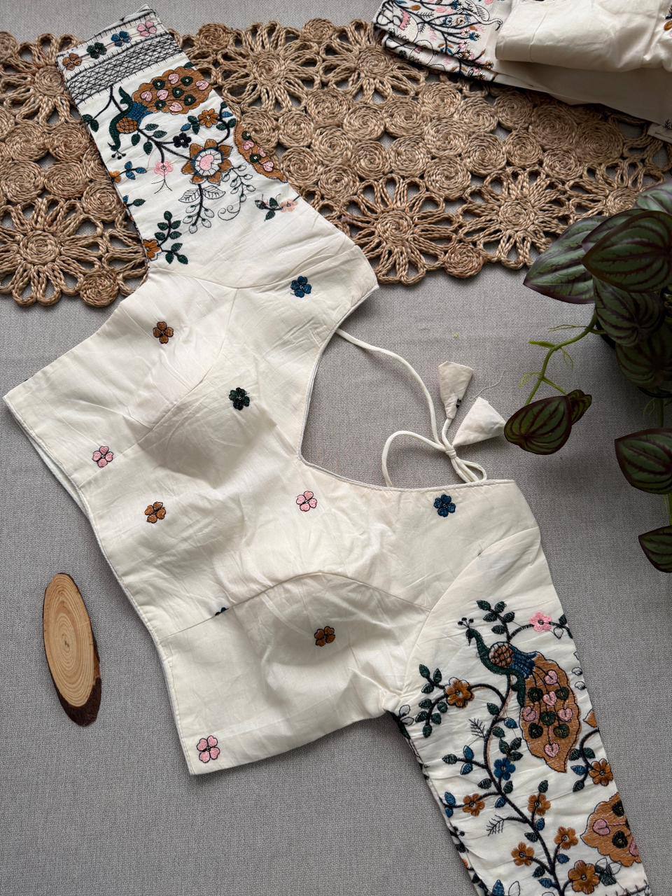 Angelica - Brown Handloom Cotton Saree With Havy Embroidery Work Stitched Blouse