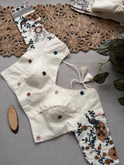 Angelica - Brown Handloom Cotton Saree With Havy Embroidery Work Stitched Blouse