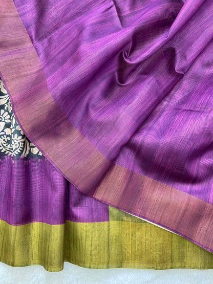 Kashvi Plum Purple Soft Tussar Silk Saree with Kalamkari Block Prints