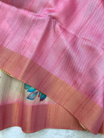 Beautiful Coral Pink Soft Tussar Silk Saree with Teal Botanical Print