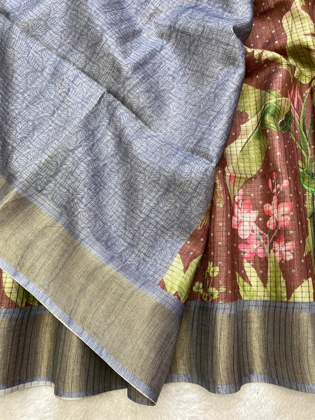 Ishvika Cocoa Brown Botanical Print Tussar Silk Saree
