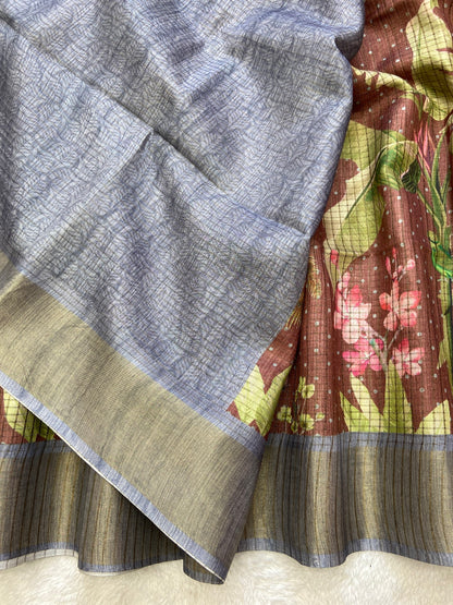 Ishvika Cocoa Brown Botanical Print Tussar Silk Saree