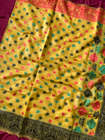 Festive Yellow Premium Soft Muga Cotton Woven Saree