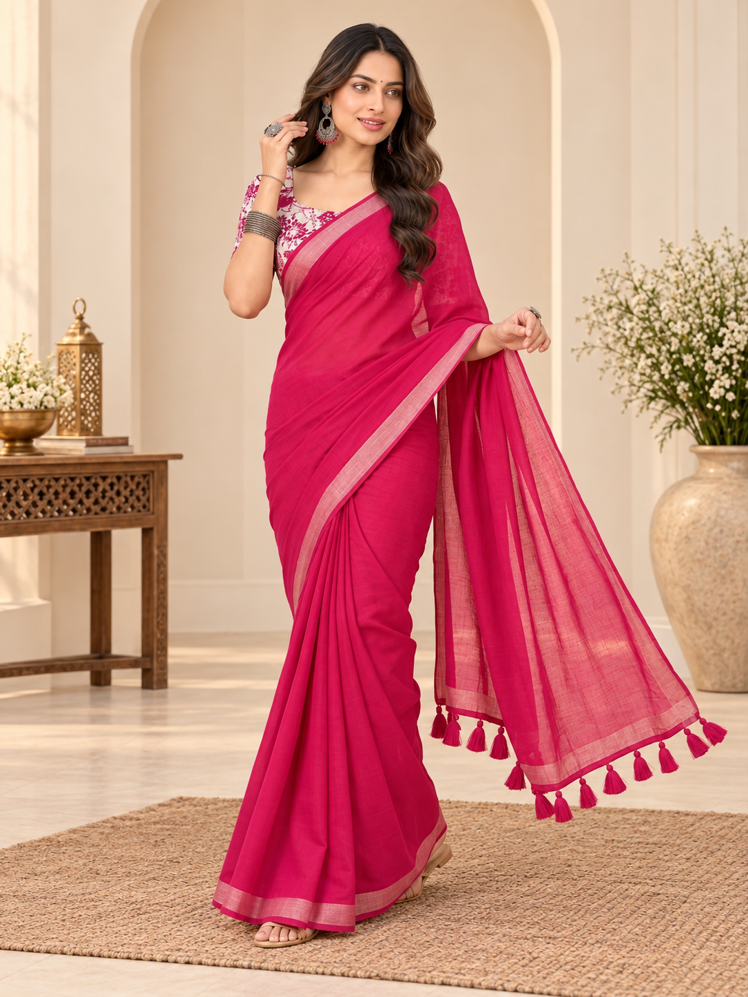 Festive Pink Handloom Cotton Saree