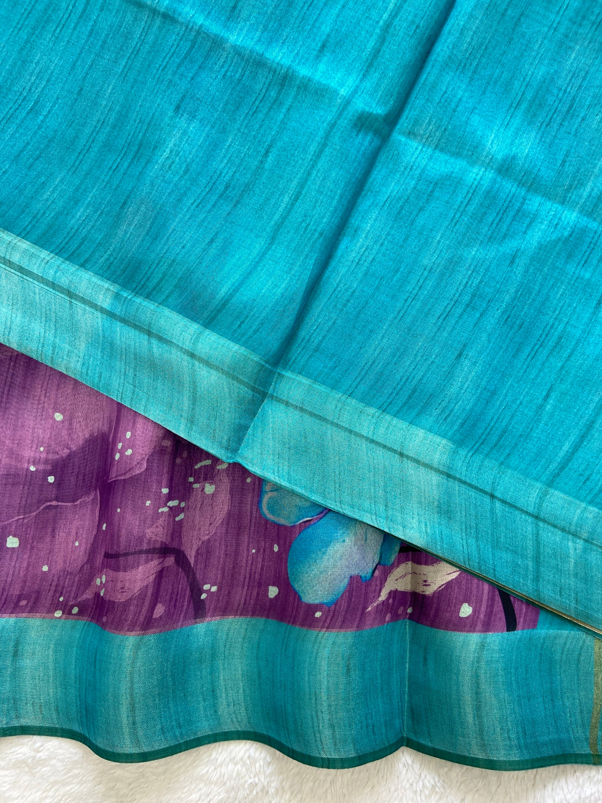 Indrani Purple-Turquoise Floral Print Soft Tussar Silk Saree