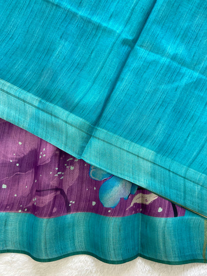 Indrani Purple-Turquoise Floral Print Soft Tussar Silk Saree