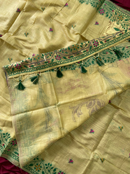 Traditional Muga Cotton Paithani Saree with Woven Deer Motif