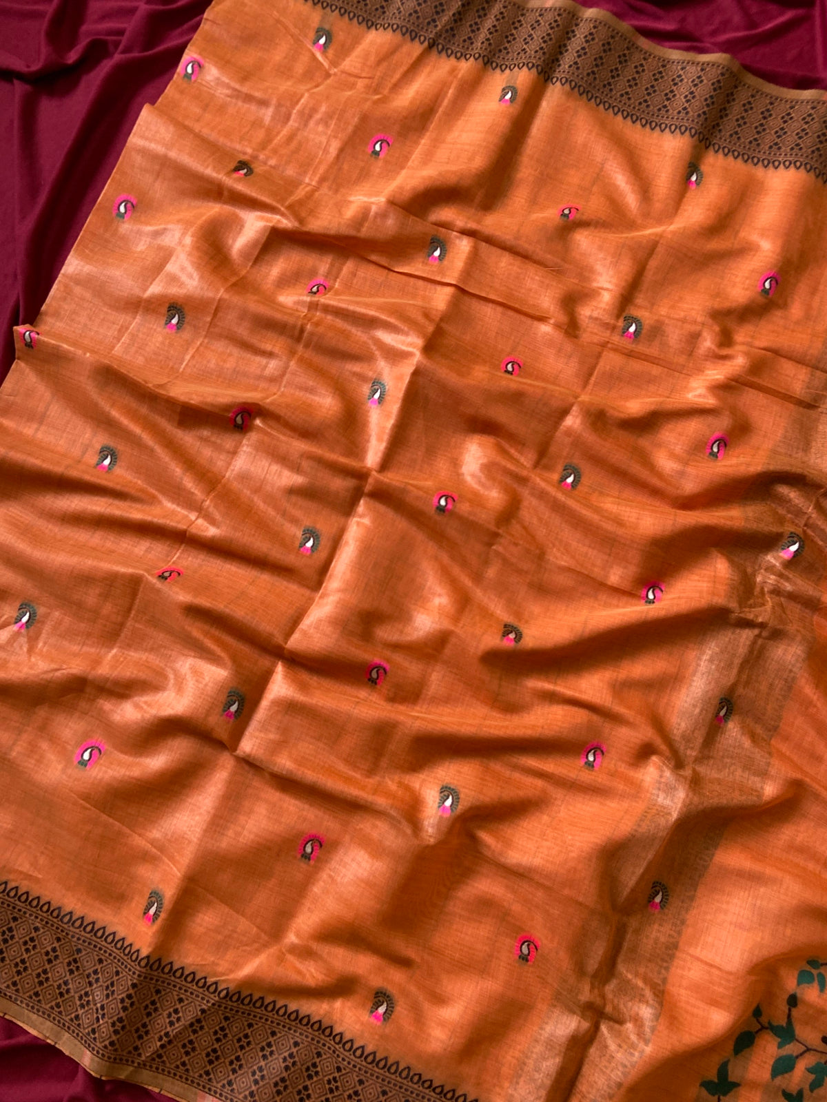 Traditional Rust Orange Soft Jamdani Cotton Saree with 3D Woven Peacock Pallu