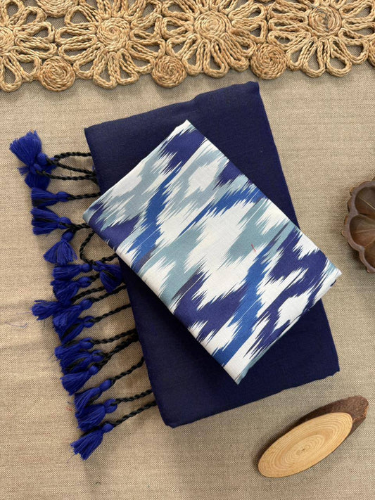 Dharma Exclusive - Navy Blue Handloom Cotton Saree With Printed Blouse