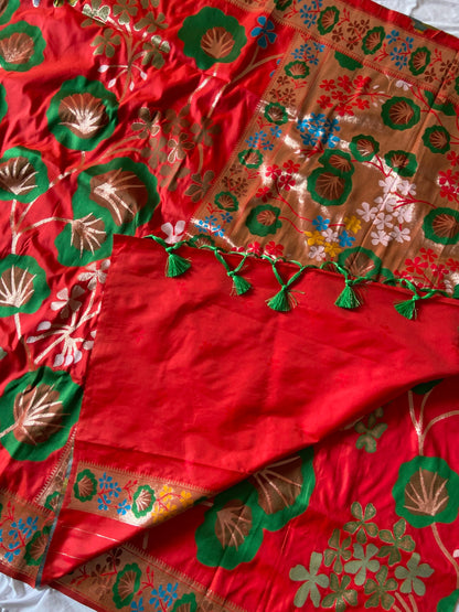 Premium Red Soft Silk Saree with Zari Weaving and Tassels