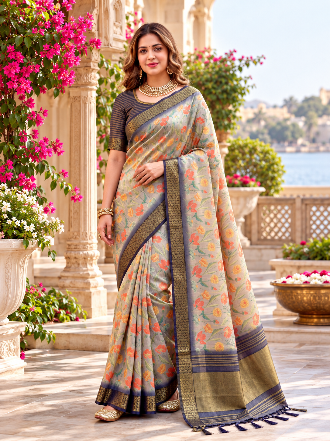Mist Grey Floral Printed Soft Tissue Silk Saree with Rich Antique Zari Border