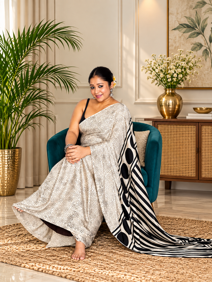 Gratifying Off White Blockprint Print Modal Silk Saree