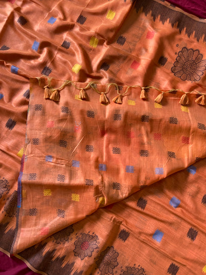 Festive Rust Orange Floral Woven Soft Muga Cotton Saree