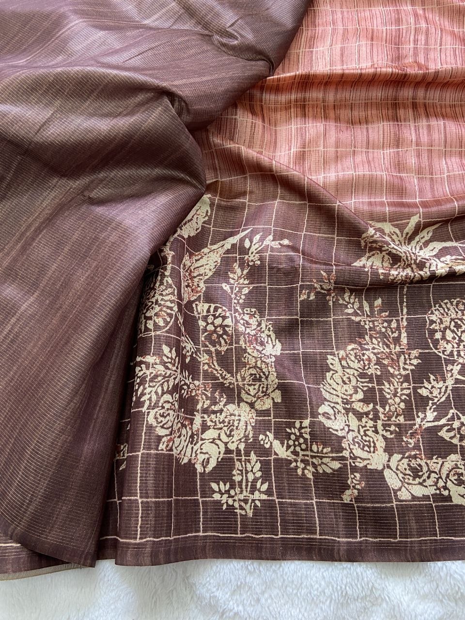 Vritika - Mahogany Brown Digital Printed Soft Tussar Silk Saree