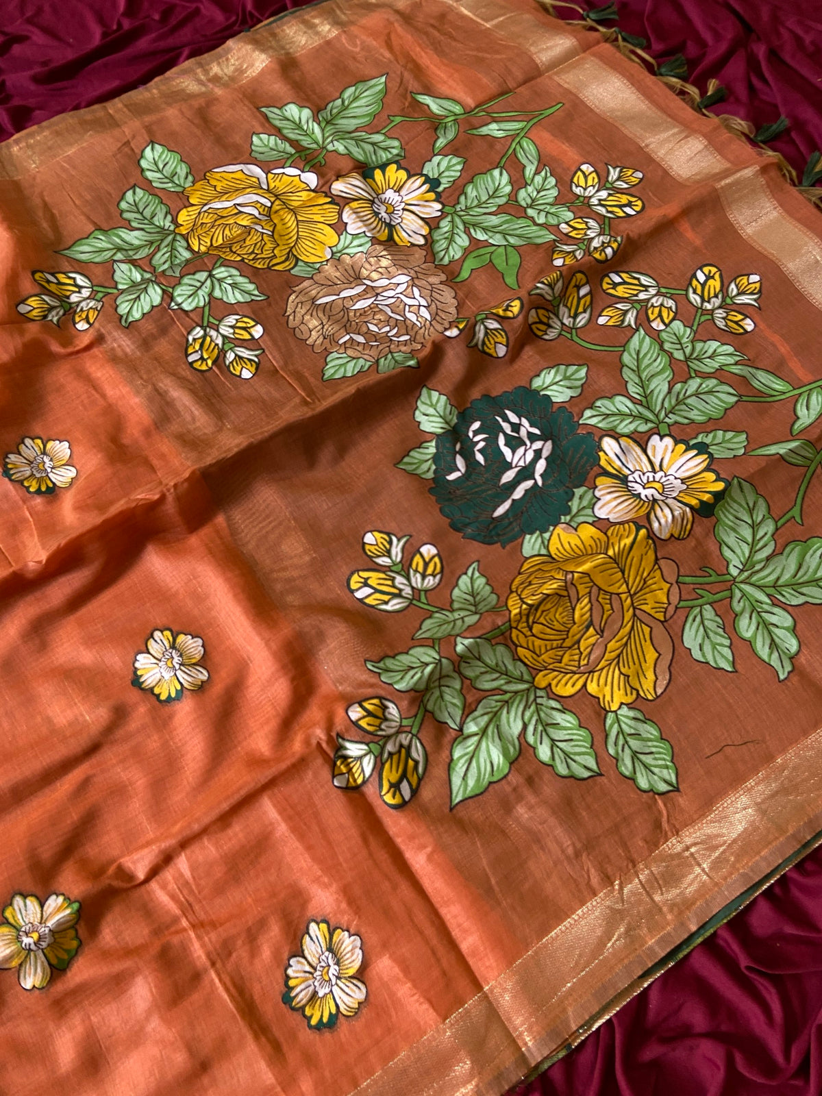 Gorgeous Rust Orange Soft Muga Cotton Resham Weaving Saree