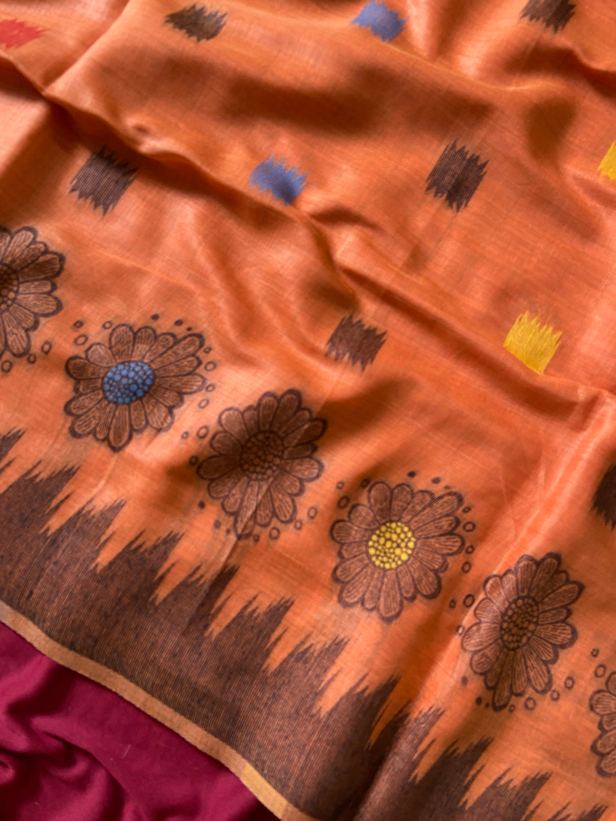 Festive Rust Orange Floral Woven Soft Muga Cotton Saree