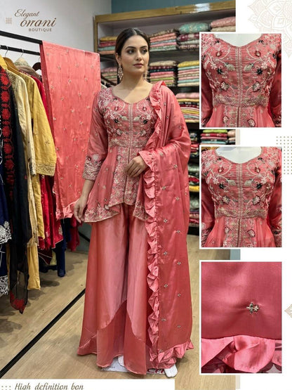 New Designer Pink Rangoli Silk Embroidered Suit Set