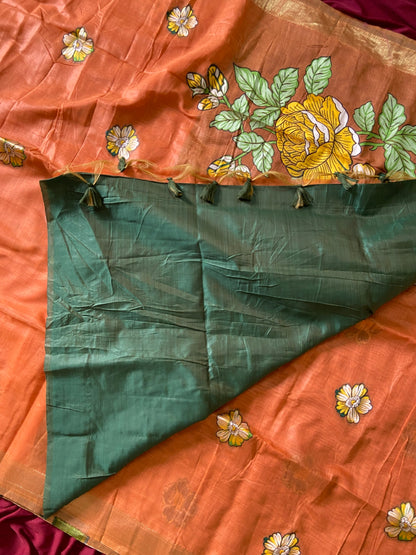 Gorgeous Rust Orange Soft Muga Cotton Resham Weaving Saree