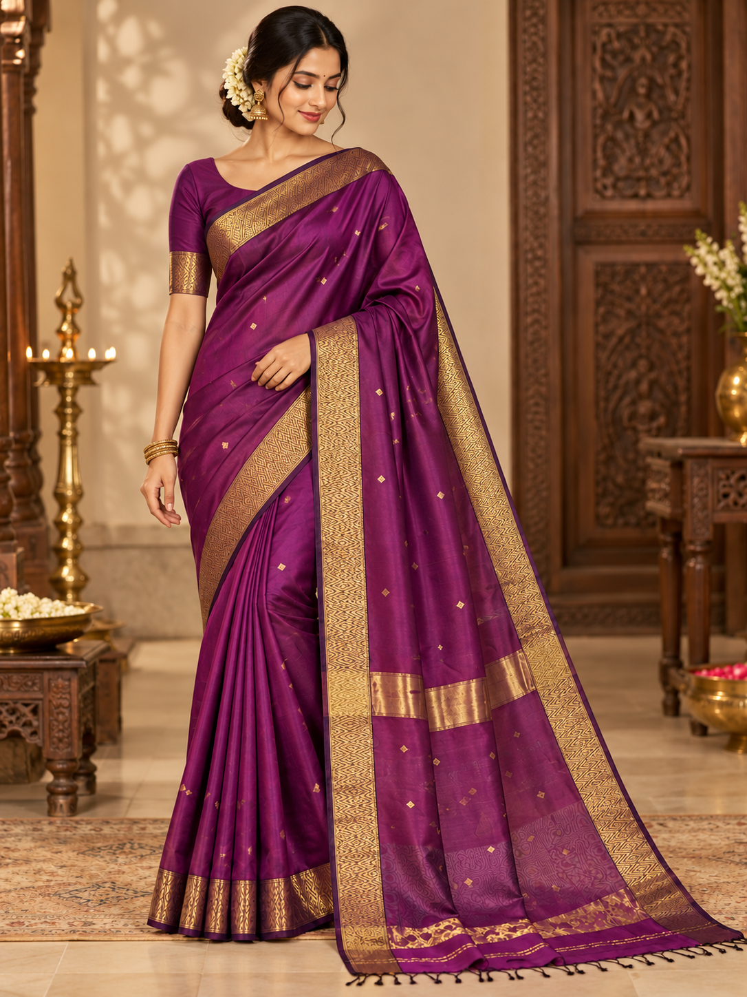 Elegant Purple Handloom Maheshwari Cotton Silk Saree