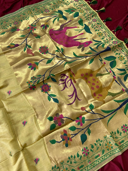Traditional Muga Cotton Paithani Saree with Woven Deer Motif