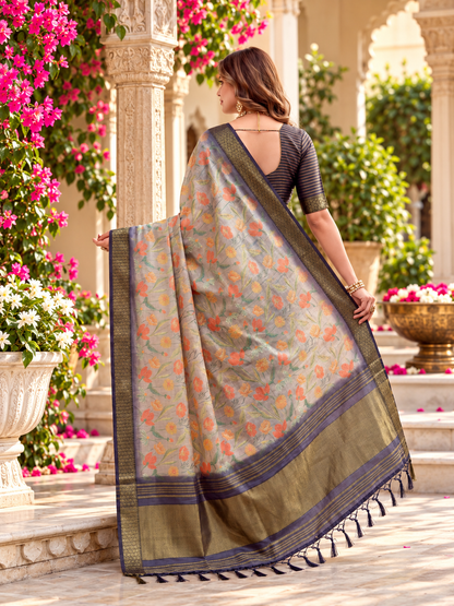 Mist Grey Floral Printed Soft Tissue Silk Saree with Rich Antique Zari Border