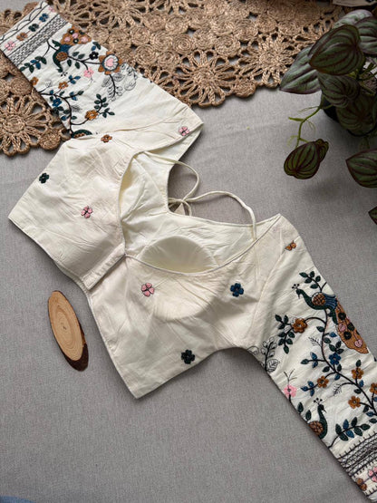 Angelica - Brown Handloom Cotton Saree With Havy Embroidery Work Stitched Blouse