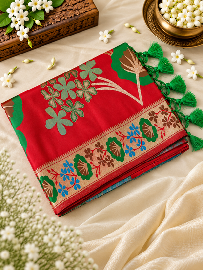 Premium Red Soft Silk Saree with Zari Weaving and Tassels