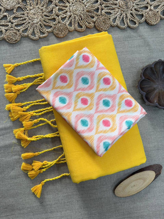 Dharma Exclusive - Yellow Handloom Cotton Saree With Printed Blouse