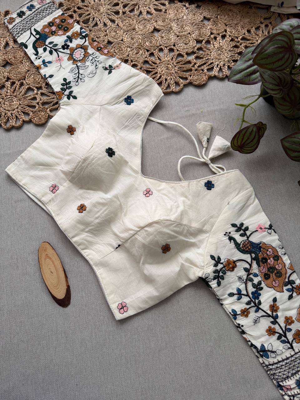 Angelica - Brown Handloom Cotton Saree With Havy Embroidery Work Stitched Blouse