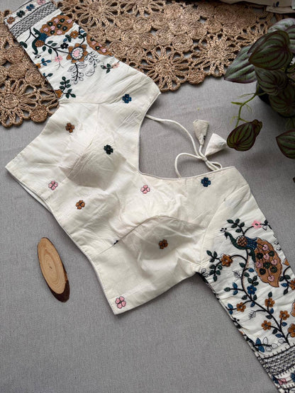 Angelica - Brown Handloom Cotton Saree With Havy Embroidery Work Stitched Blouse