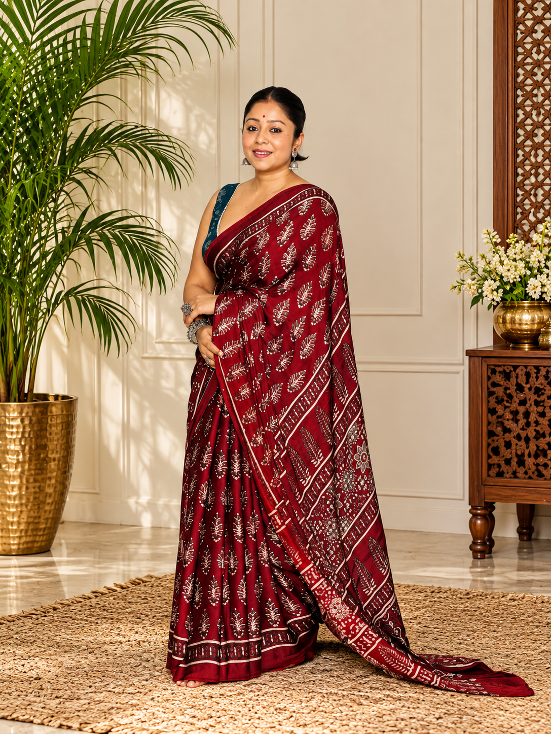 Lovely Maroon Handcrafted Modal Silk Ajrakh Saree