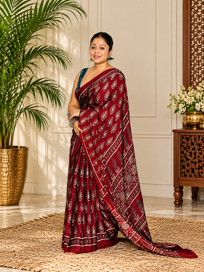 Lovely Maroon Handcrafted Modal Silk Ajrakh Saree