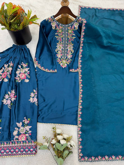 Elegant French Crepe Embroidered Suit Set with Dupatta