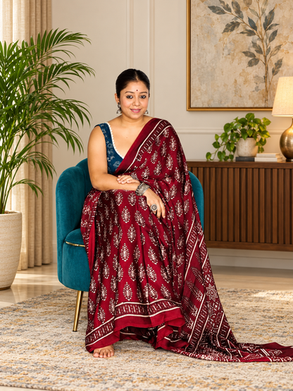 Lovely Maroon Handcrafted Modal Silk Ajrakh Saree