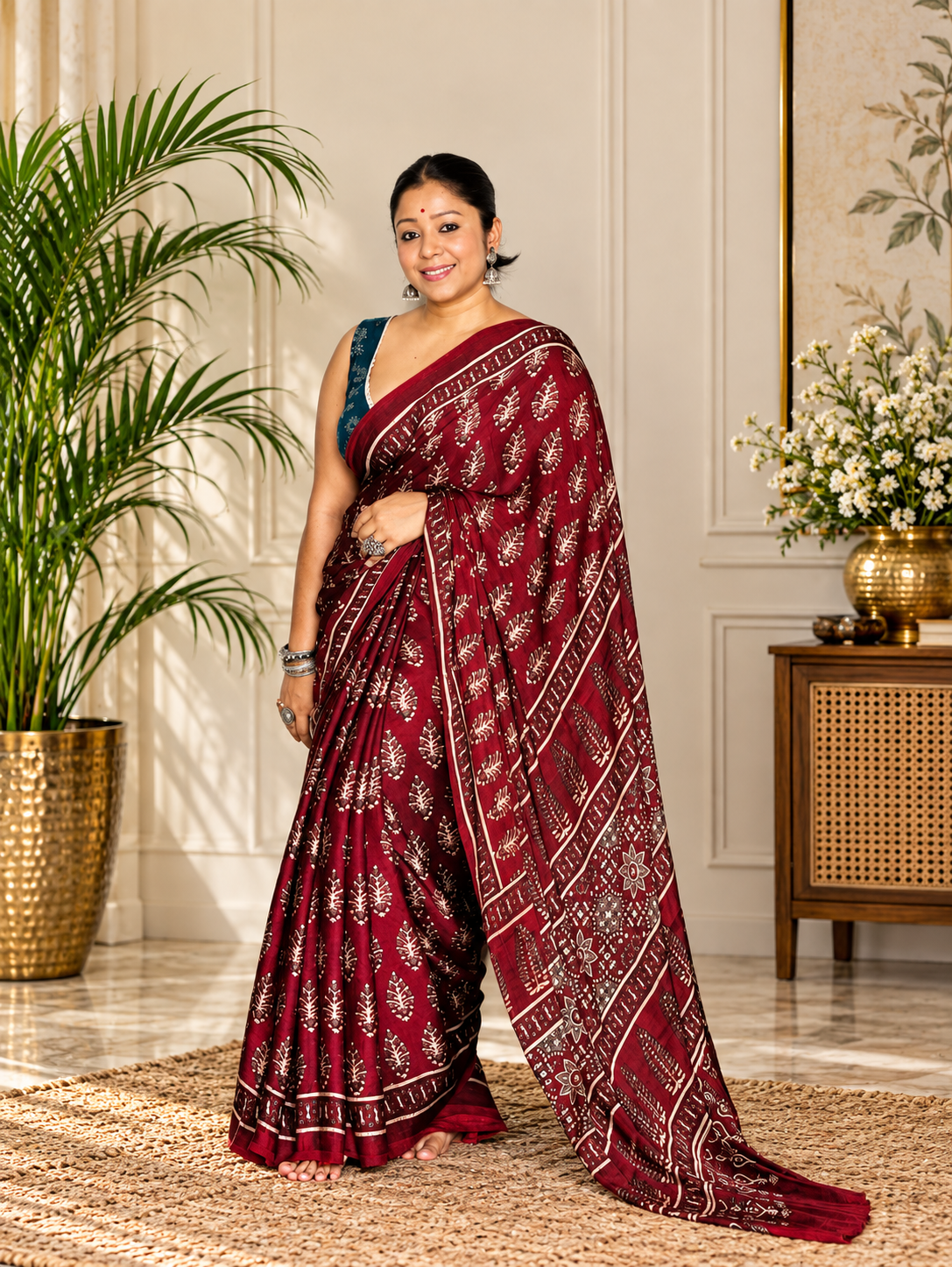 Lovely Maroon Handcrafted Modal Silk Ajrakh Saree